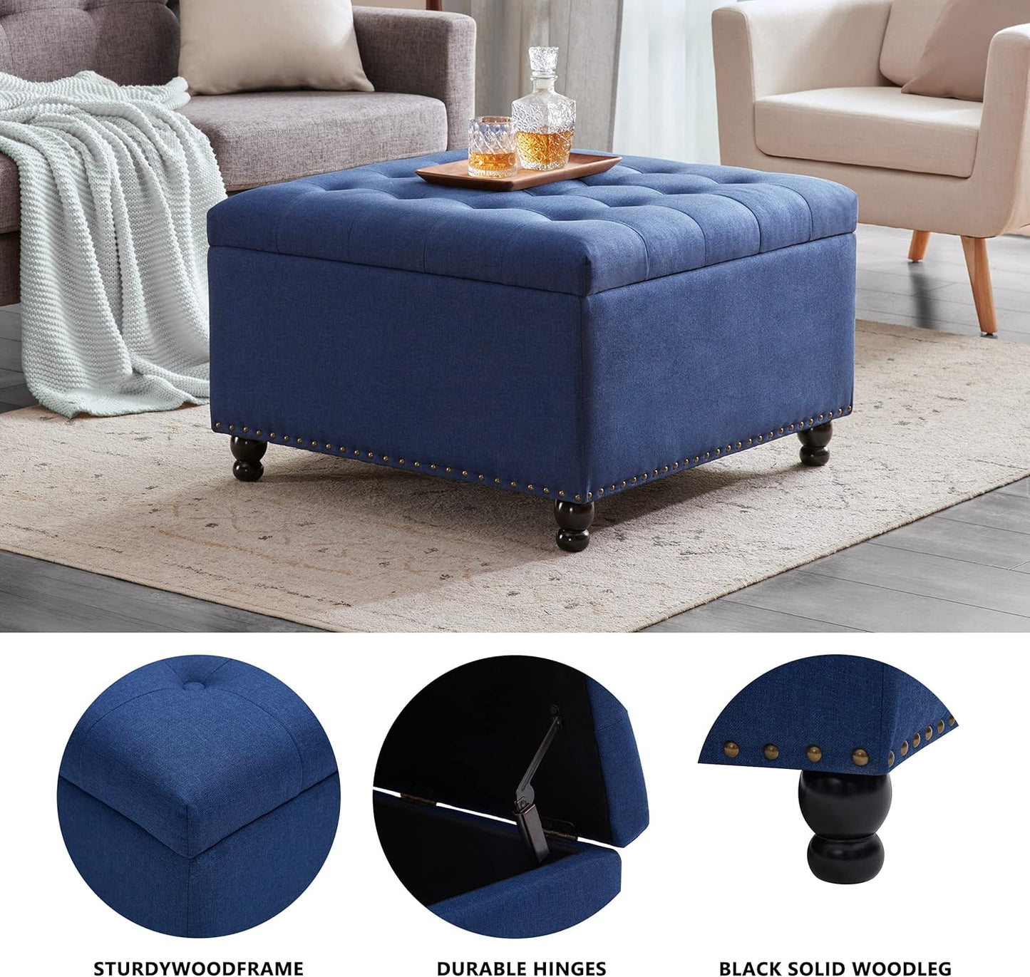 Tbfit Large Square Tufted Upholstered Ottoman and Coffee Table with Storage, Oversized Footrest Bench for Living Room Bedroom, Blue