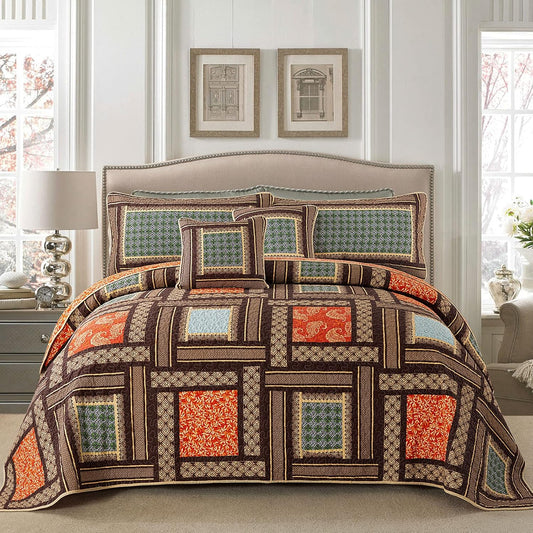 NEWLAKE Cotton Patchwork Bedspread, 3-Piece Bedding Quilt Set with Real Stitched Embroidery, Reversible Matelasse Bed Coverlet Set,Bohemian Farmhouse,Twin Size