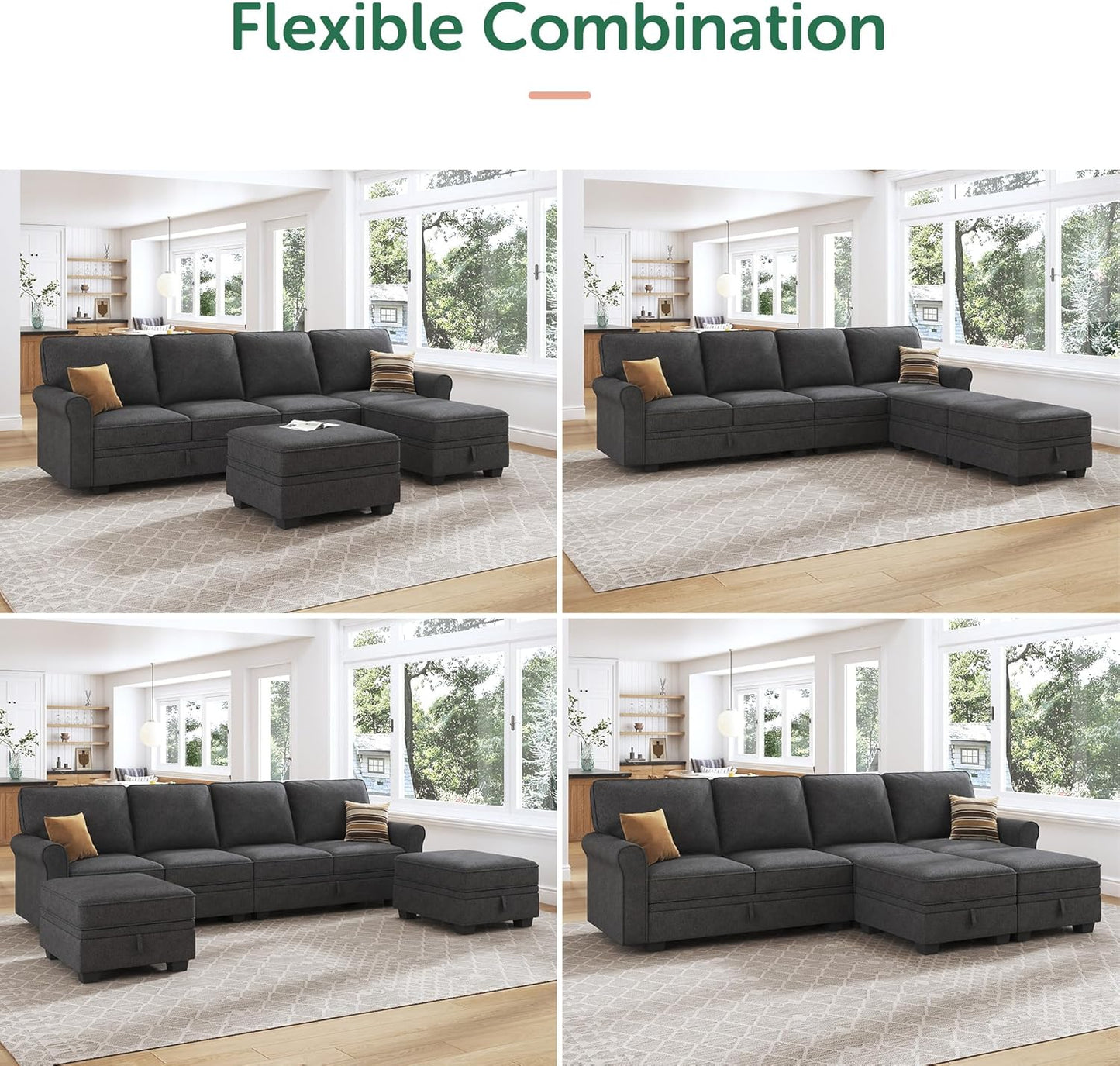 HONBAY Sectional Sofa with Storage Seat U Shaped Couch with Reversible Chaise Convertible Sectional Couches for Living Room,Dark Grey