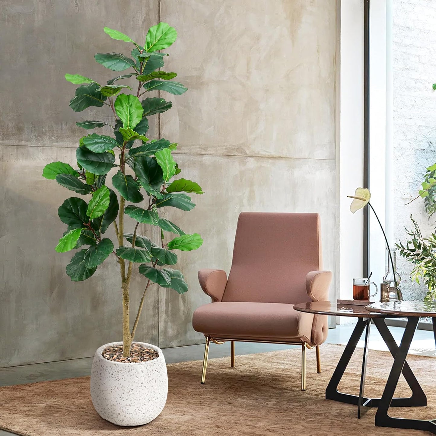 Artificial Fiddle Leaf Fig Tree, 6FT Tall Faux Ficus Lyrata Fake Tree in White Pot, Artificial Tree Indoor Decor, Fiddle Leaf Fig Tree Fake Plant for Home Office Living Room Decoration Modern
