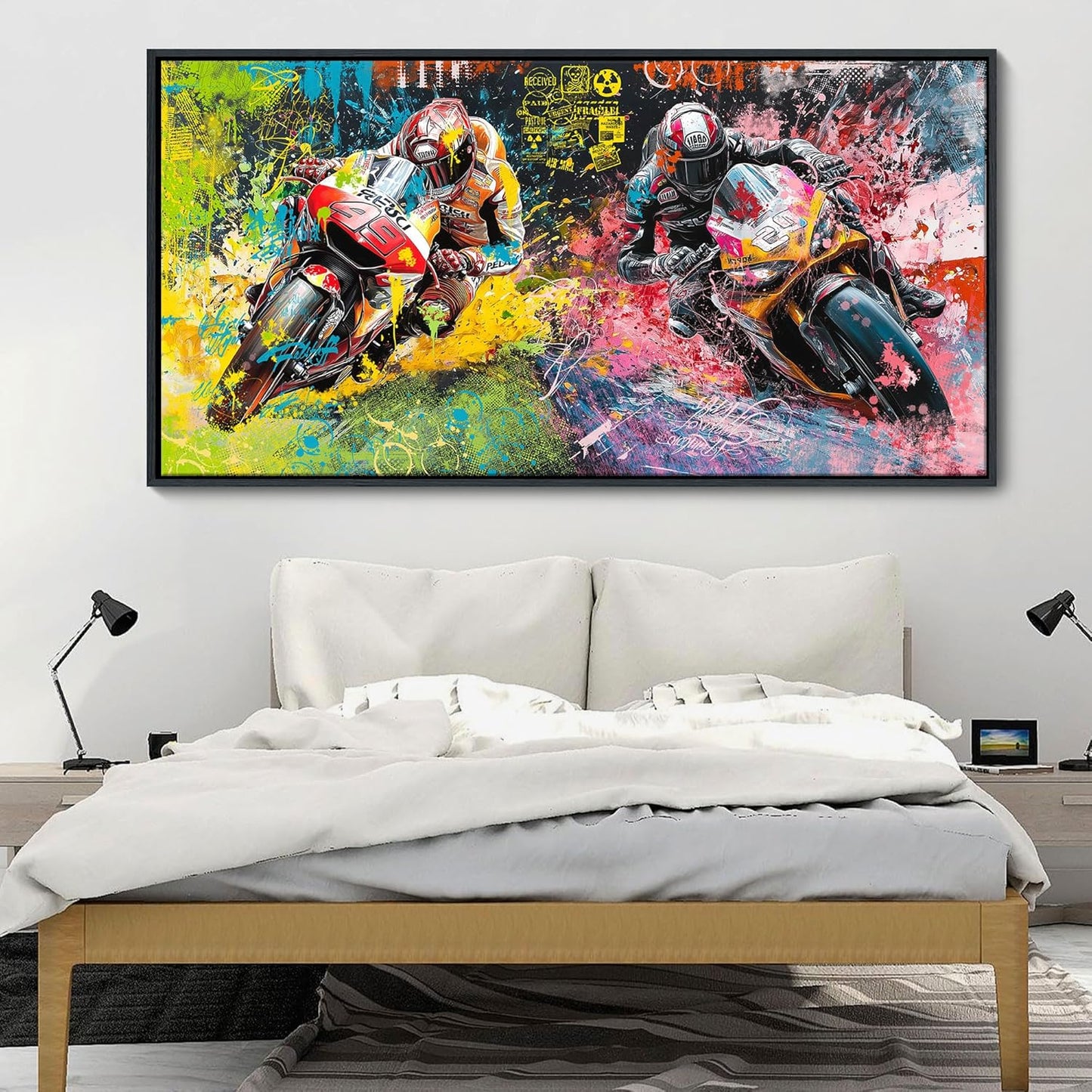 JEAWA Framed Canvas Wall Art - Large Abstract Painting Decor, Motorcycle Racing Color Graffiti Pictures, Modern Art Prints for Bedroom Living Room Bathroom Home Decoration, 29x58 IN