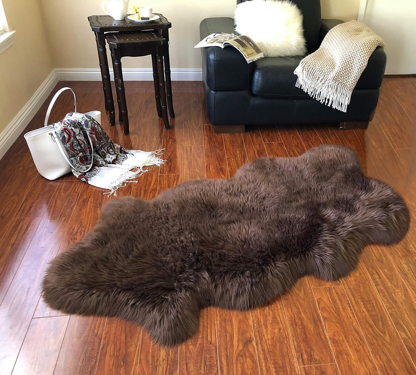 LAMBZY Faux Sheepskin Hypoallergenic Free Shape Silky Shag Rug, Luxury Shaggy Plush Carpet for Bedrooms Living Room Kids Rooms Sofa Floor Rugs (Single and a Half 2'x4', Brown)