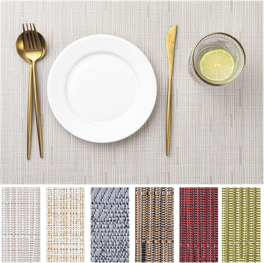 LEXMORE Placemats Set of 6 Vinyl/Plastic Woven Place Mats for Kitchen Table Indoor/Outdoor Washable Placemat Wipeable Dining Table Mats(Pale Beige)