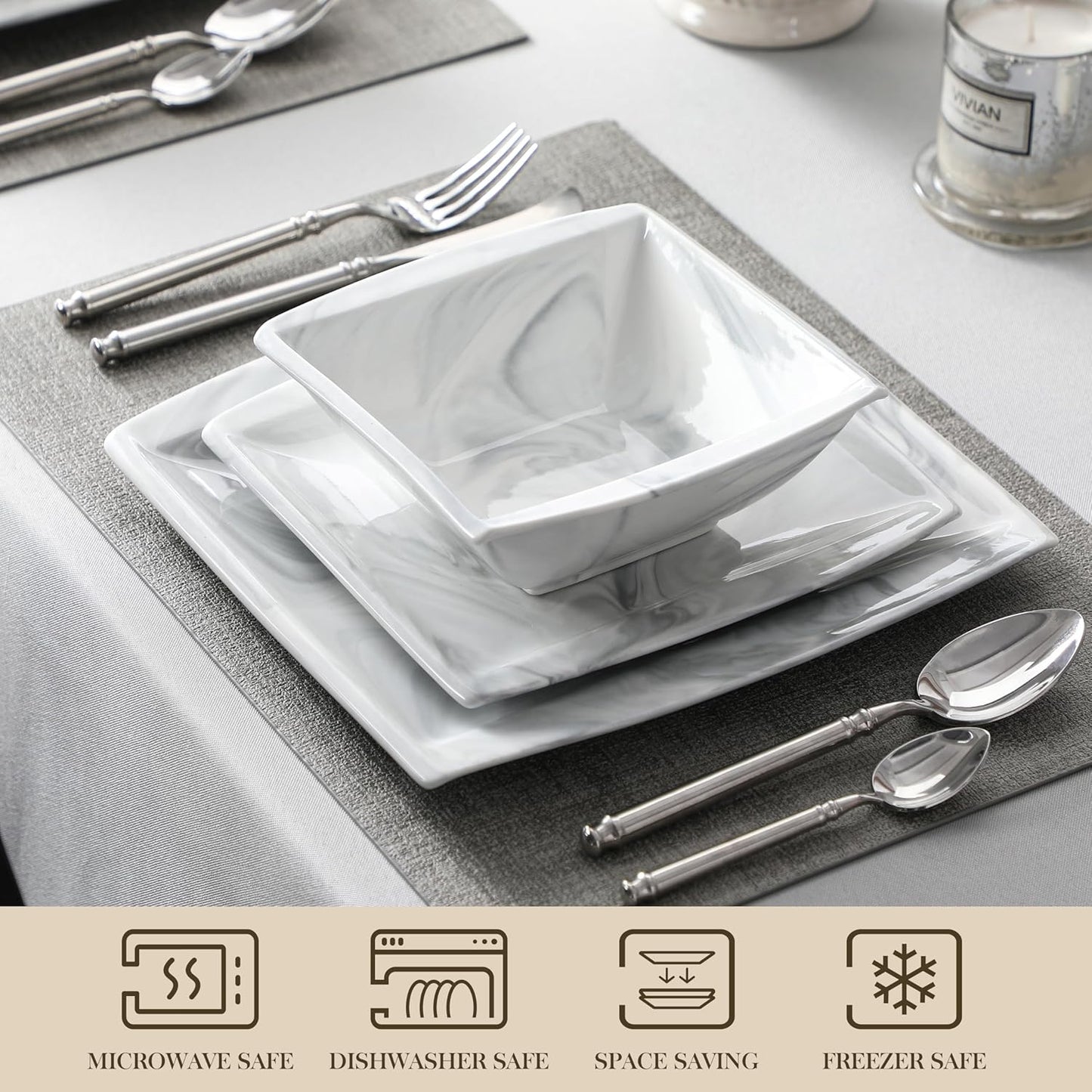 MALACASA Plates and Bowls Sets, 12-Piece Porcelain Dinnerware Sets for 4, Square Plates and Bowls for Dessert, Salad and Soup, Ceramic Dishes Dining Dishware Set, Marble Grey, Series Blance