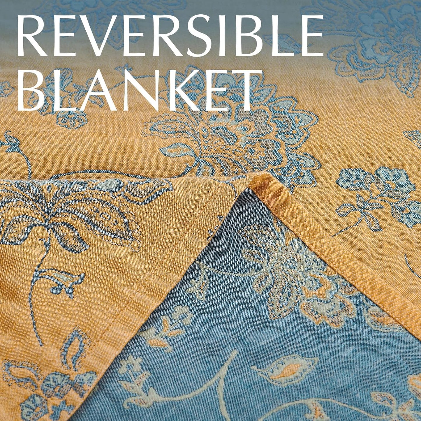 jinchan Boho 100% Cotton Muslin Queen Size 80x90 Inches Blanket Lightweight 4-Layer Quilted Soft Yellow and Blue Floral Throw Blanket Reversible Comfy Flower Rustic All Seasons Couch Bedroom Decor