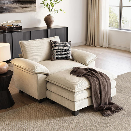 LINSY HOME Sofa Chair with Movable Ottoman - Corduroy Cloud Couch Chair Soft Comfy Modern Sofa Chaise Single Sleeper Chair Bed for Living Room Apartment Office, Beige