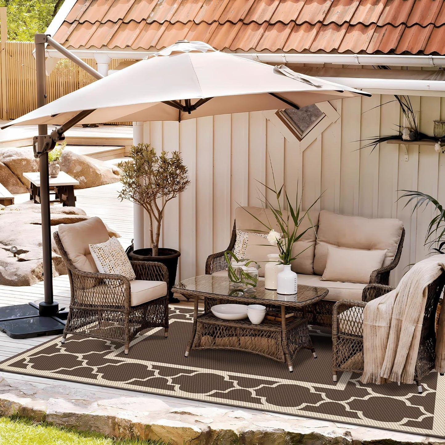 GENIMO 6' x 9' Outdoor Rug Waterproof for Patio Decor, Foldable Reversible Plastic Straw Area Rugs Mat for Camper, Outside Carpet for Rv, Deck, Porch, Picnic, Beach, Balcony, Coffee & Beige