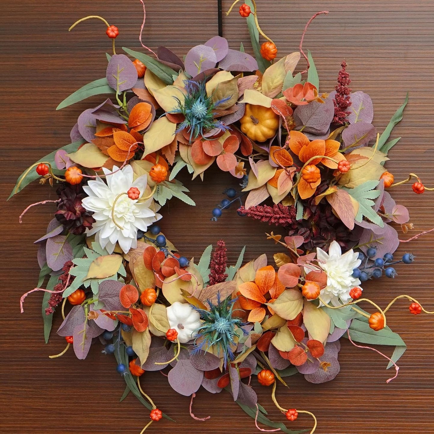 Fall Wreaths for Front Door Outside 24 Inch Autumn Wreath with Pumpkins, Silk Leaves & Purple Flowers Autumn Wreaths for Front Door, Halloween Wreath Decoration, Thanksgiving Decor