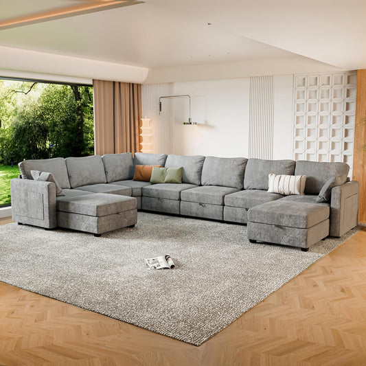 mestyl Modular Sectional Sofa Convertible Sofa Couch Set with Storage for Living Room, Modern 7 Seater Modular Sectional Couch with 2 Movable Ottoman (Grey)