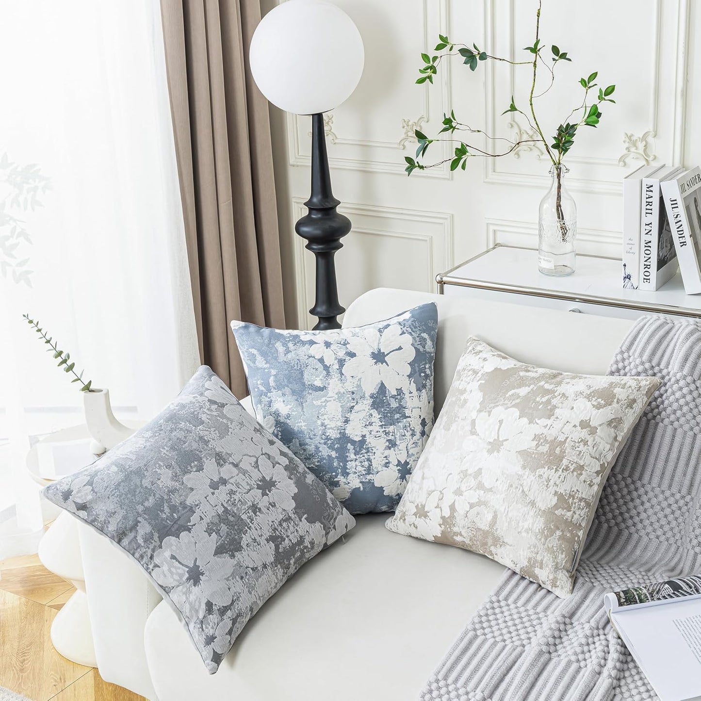 Jacquard Throw Pillow Covers 18x18 Inch Set of 2 - Vintage Floral Boho Pillow Cases with Botanical Pattern | Farmhouse Decor for Couch Living Room | Soft Textured Neutral Trio Slate Gray 18" x 18"