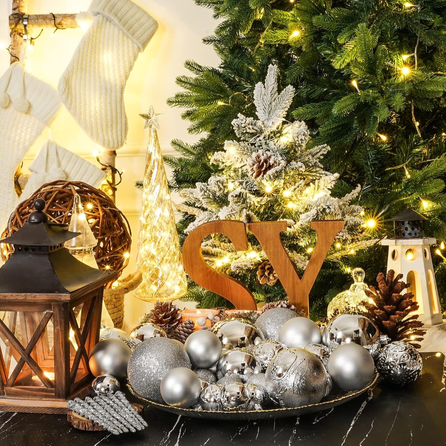 Christmas Ball Ornaments for Christmas Decorations - 41 Pieces Xmas Tree Silver Shatterproof Ball Ornaments with Hanging Loop for Holiday and Seasonal Decoration