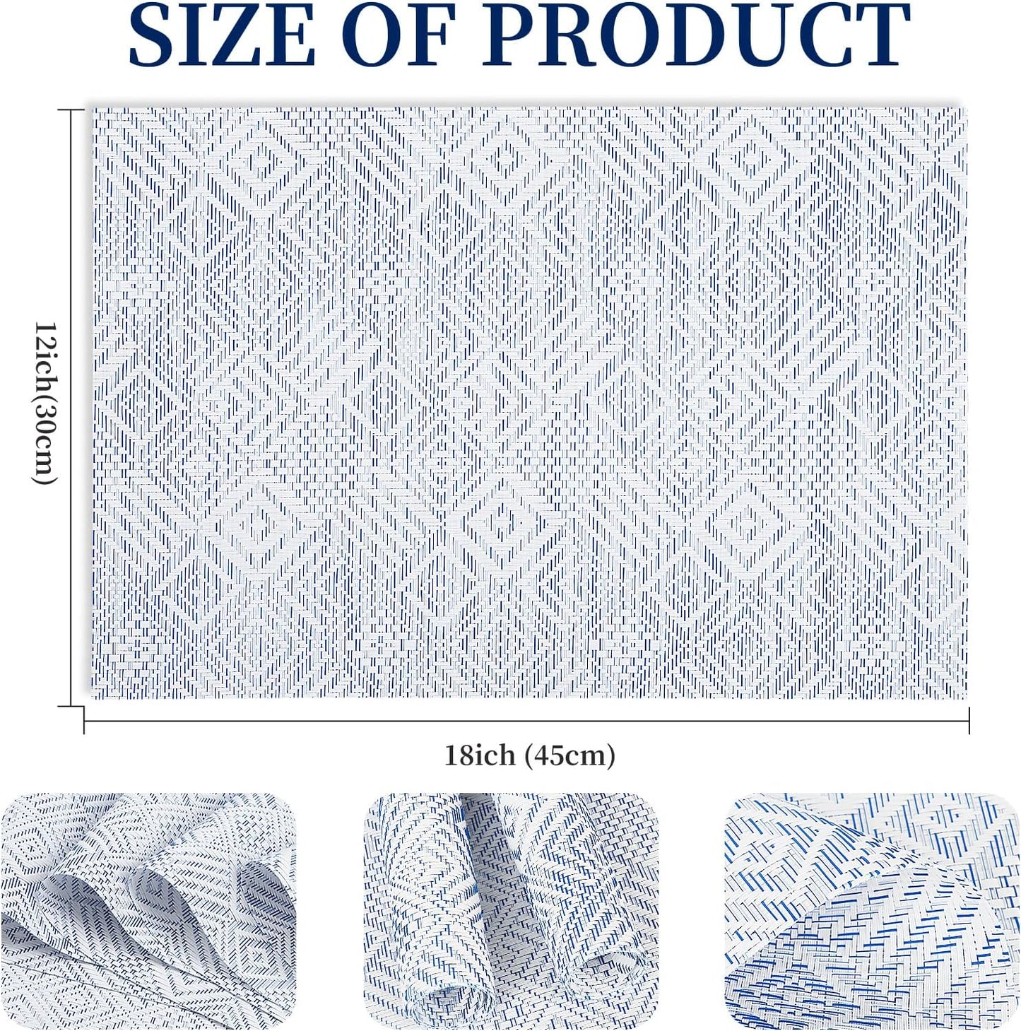 Vinyl Plastic Placemats Set of 6 Washable Heat Resistant Non-Slip Elegant Indoor Outdoor Kitchen Dining PVC Woven Table Place Mats (Blue Squares)