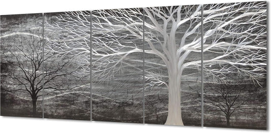 Yihui Arts Tree Metal Wall Art for Living Room Black Grey Silver Color Pictuers for Decor