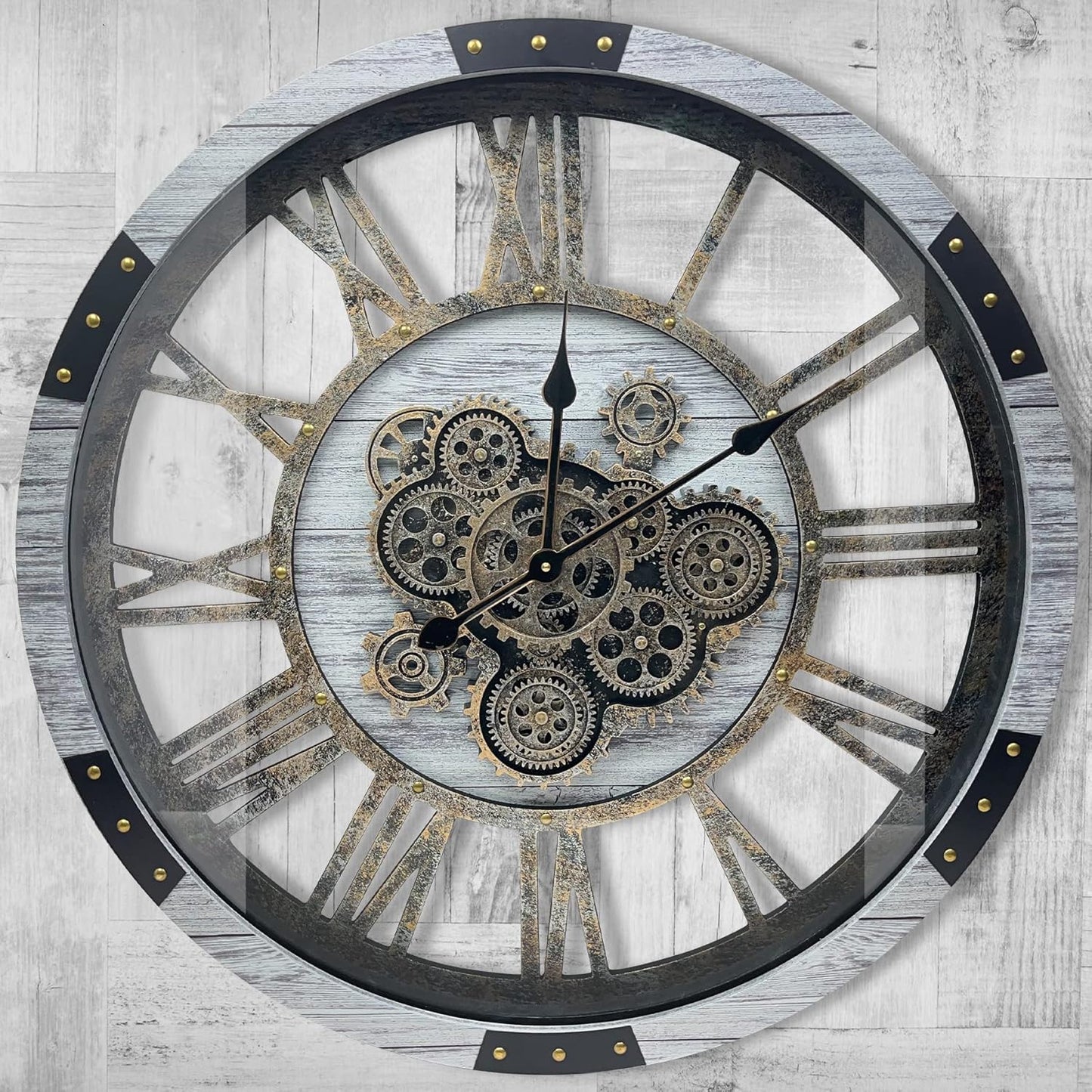 DORBOKER 27" Original Moving Gears Wall Clock, Large Industrial Wall Clock for Living Room Decor, Retro Metal Solid Wood Vintage Farmhouse Steampunk Rustic Clocks for Wall Decor,Silver Grey