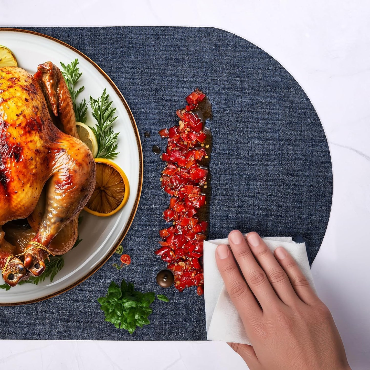 DOLOPL Placemats Set of 6, Oval Large Place Mats for Kitchen Dining Room Table Decorations, Navy Blue Faux Leather Anti Slip Waterproof Dining Table Place Mats for Indoor & Outdoor Use(13.8"x21.6")