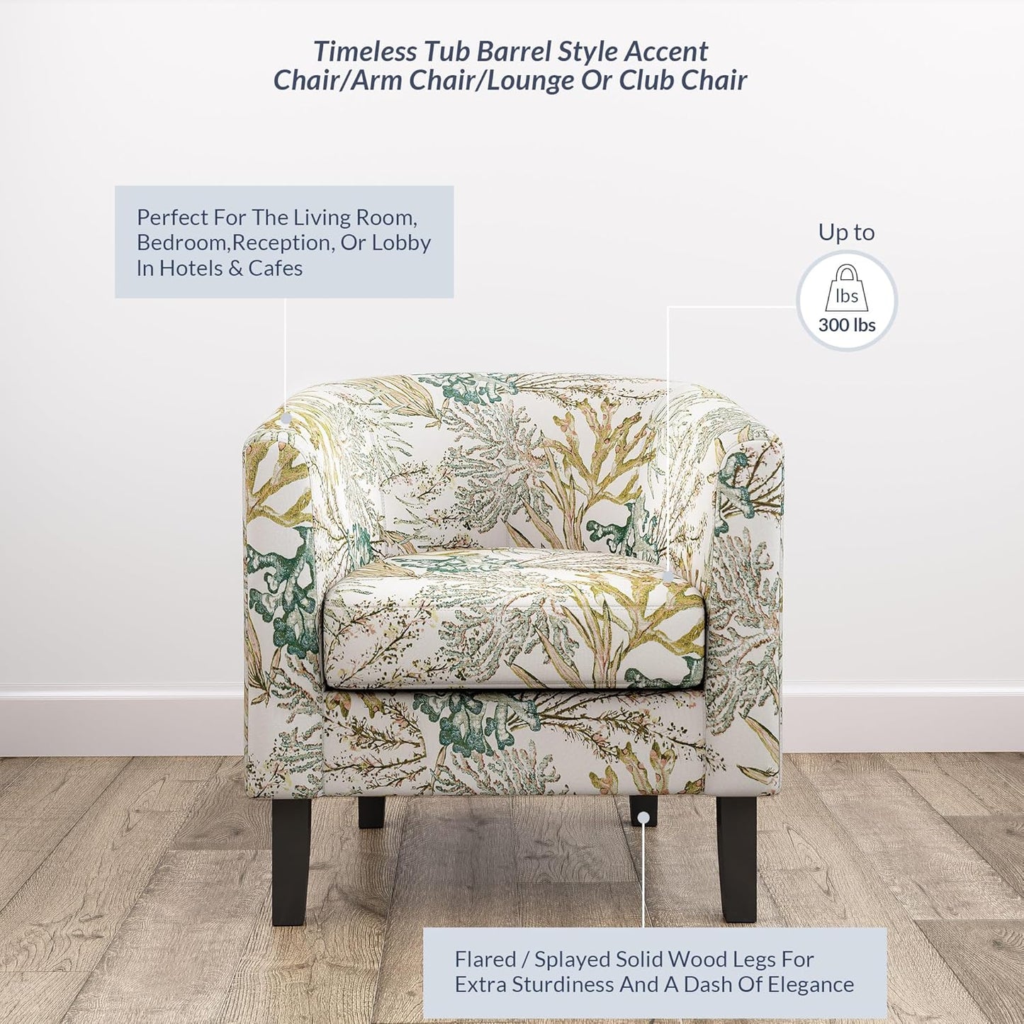 BELLEZE Living Room Chair, Linen Round Accent Barrel Chair, Club Tub Sofa Chair for Bedroom, Corner Chair with Flared Legs and Cozy Soft Padding - Highland (Green Coral)