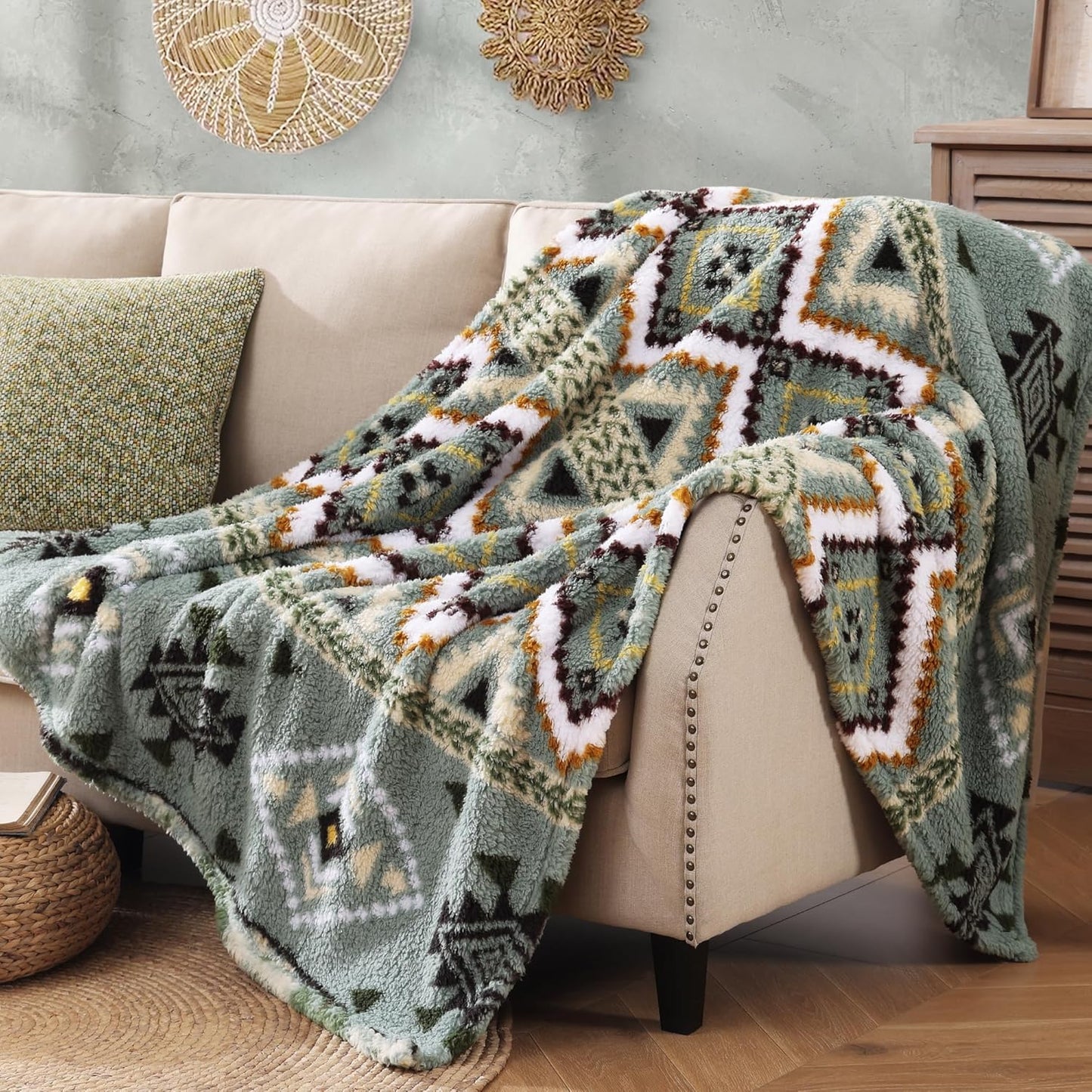 CASAAGUSTO Boho Sherpa Throw Blanket, Aztec Queen Blanket, Ultra Soft, Warm, Cozy, Plush, Thick Fleece Bohemian Throw Blanket for Couch, Bed, Sofa (Olive Green 90 * 90 Inch)
