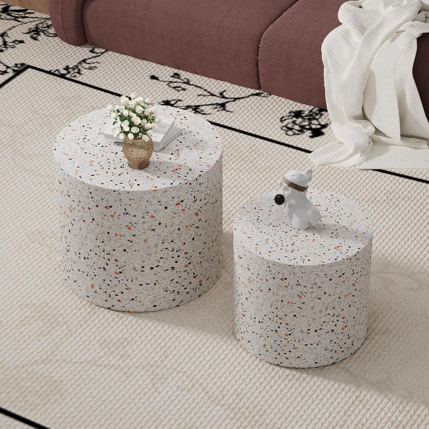 Round Nesting Coffee Table Set of 2 Modern Small Coffee Table Round End Table Small Side Table Circle Coffee Tables Circular Nested Coffee Tables for Living Room (Grey)