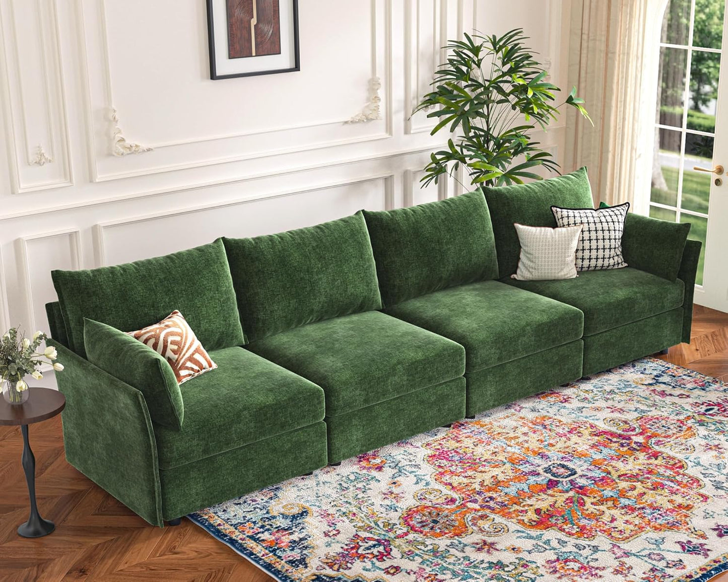 134.6" Modular Sectional Sofa, Oversized 4 Seater Green Couch with Removable Chenille Fabric Cover, Deep Seat & High Backrest for Living Room, Office & Apartment