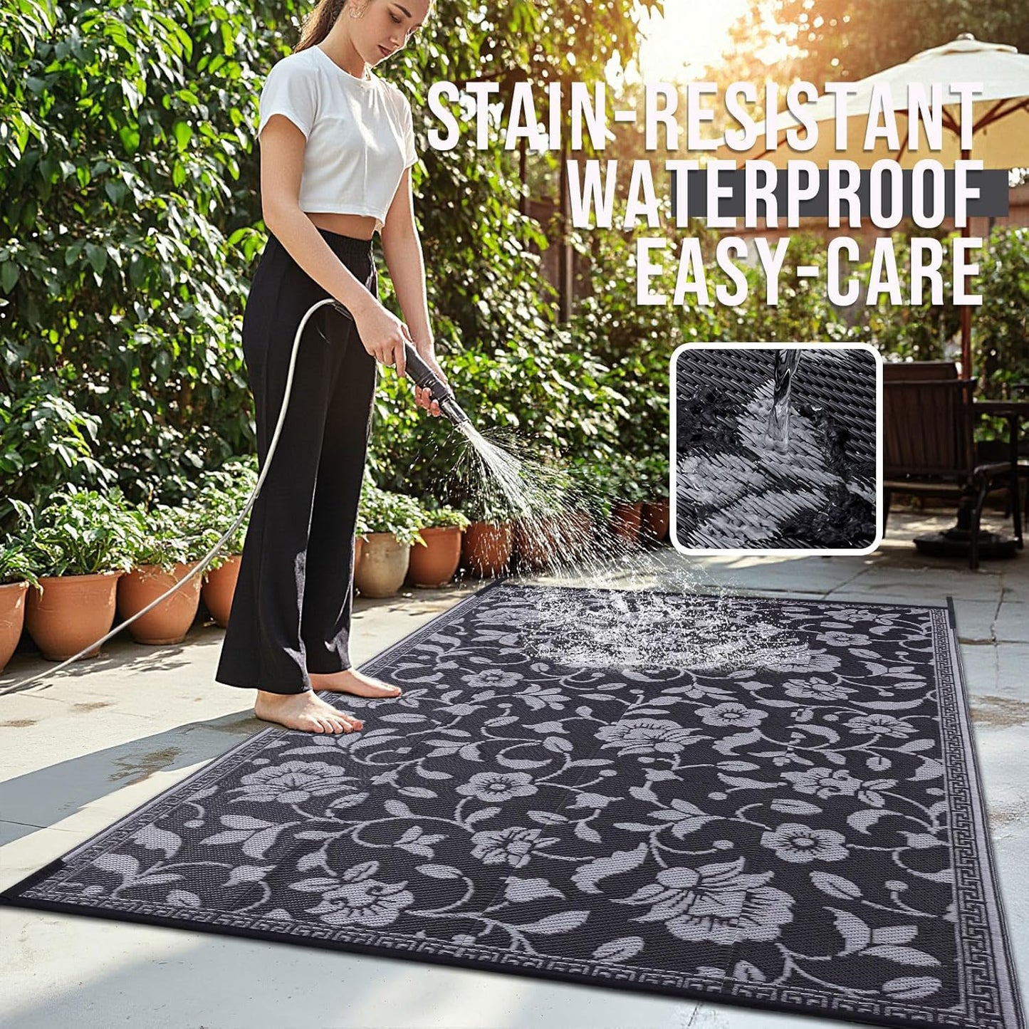 OLANLY Waterproof Outdoor Rug 9x12 ft, Outdoor Plastic Straw Rug with Flower Pattern, Reversible RV Mat for Patio, Camping, Balcony, Deck, Backyard, Black & Grey