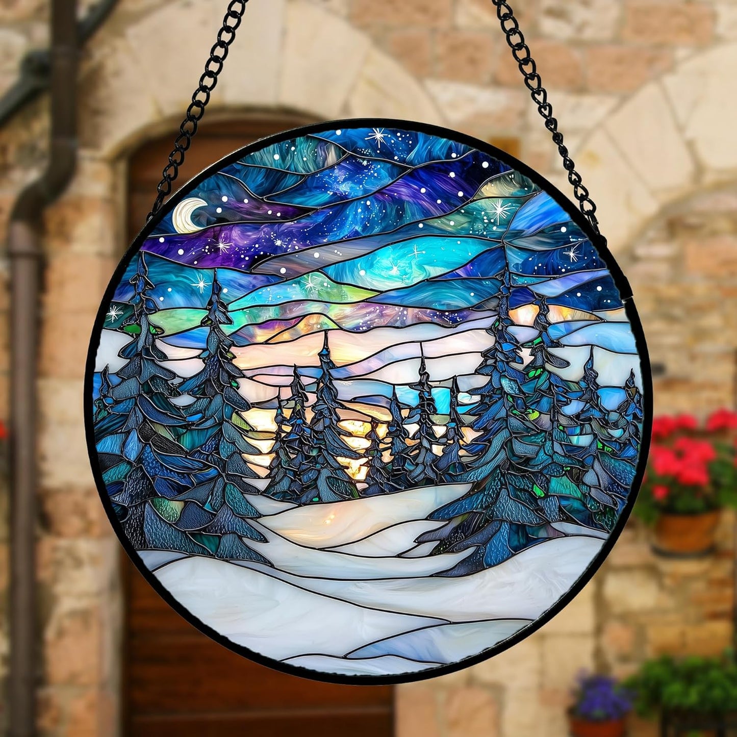Stained Glass Window Hanging, Starry Sky Trees and Snow Sun Catchers Glass Panel Blue Suncatcher Decor for Birthday for Women, Men, Wife, Aunt, and Mom 6.3 in