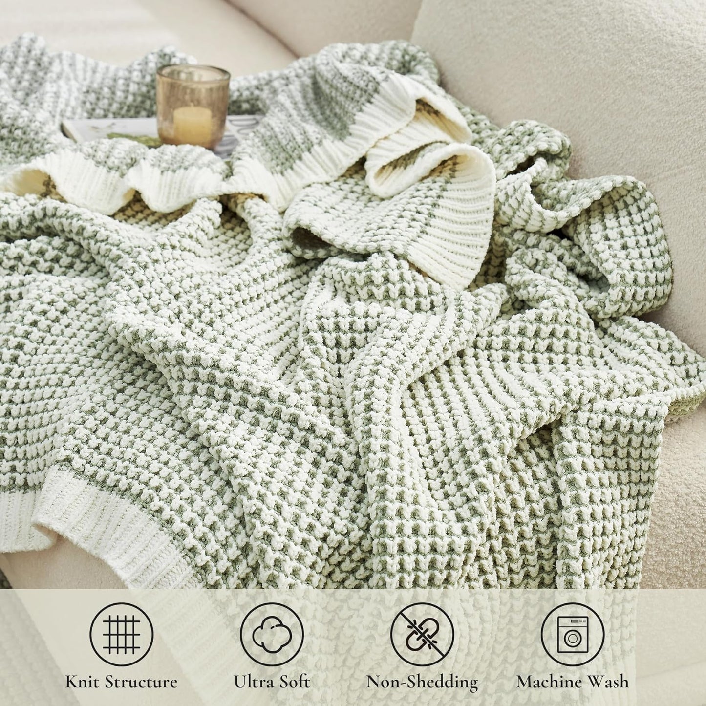 Amélie Home Chenille Waffle Throw Blanket for Couch, Reversible Pineapple Stitch Knit Soft Cozy Knit Blanket Lightweight Warm Decorative Throw for Sofa, Bed, Living Room, 60 * 80", Sage Green&Ivory