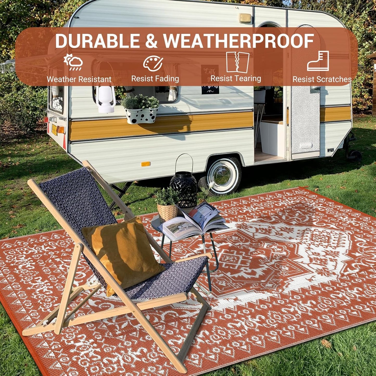 GAOMON Outdoor Rugs for Patio 8x10 Waterproof Reversible Plastic Straw Rug, Large UV-Resistant Portable RV Camping Mats, Indoor Outdoor Medallion Carpet for Outside Deck Porch Garden, Red & White