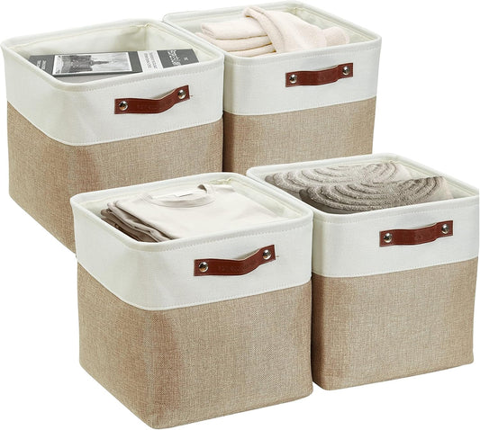 DECOMOMO Storage Cubes, 12x12 Storage Bins, Baskets for Shelves (Beige & White, Cube 12" - 4 Pack)