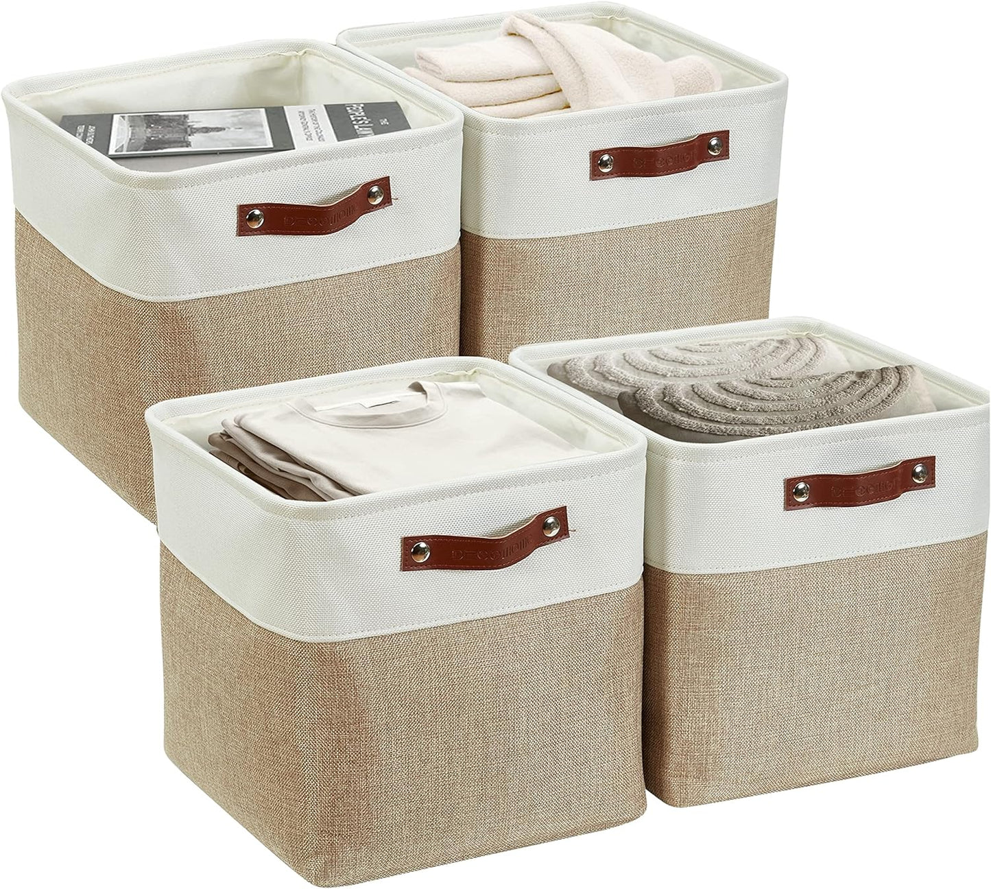 DECOMOMO 13 Inch Cube Storage Bins, Fabric Storage Cube, Basket for Kallax Shelves (Beige & White, Cube 13" - 4 Pack)