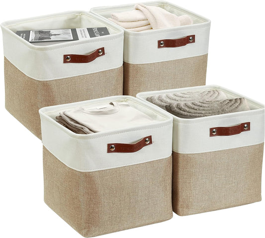 DECOMOMO 13 Inch Cube Storage Bins, Fabric Storage Cube, Basket for Kallax Shelves (Beige & White, Cube 13" - 4 Pack)