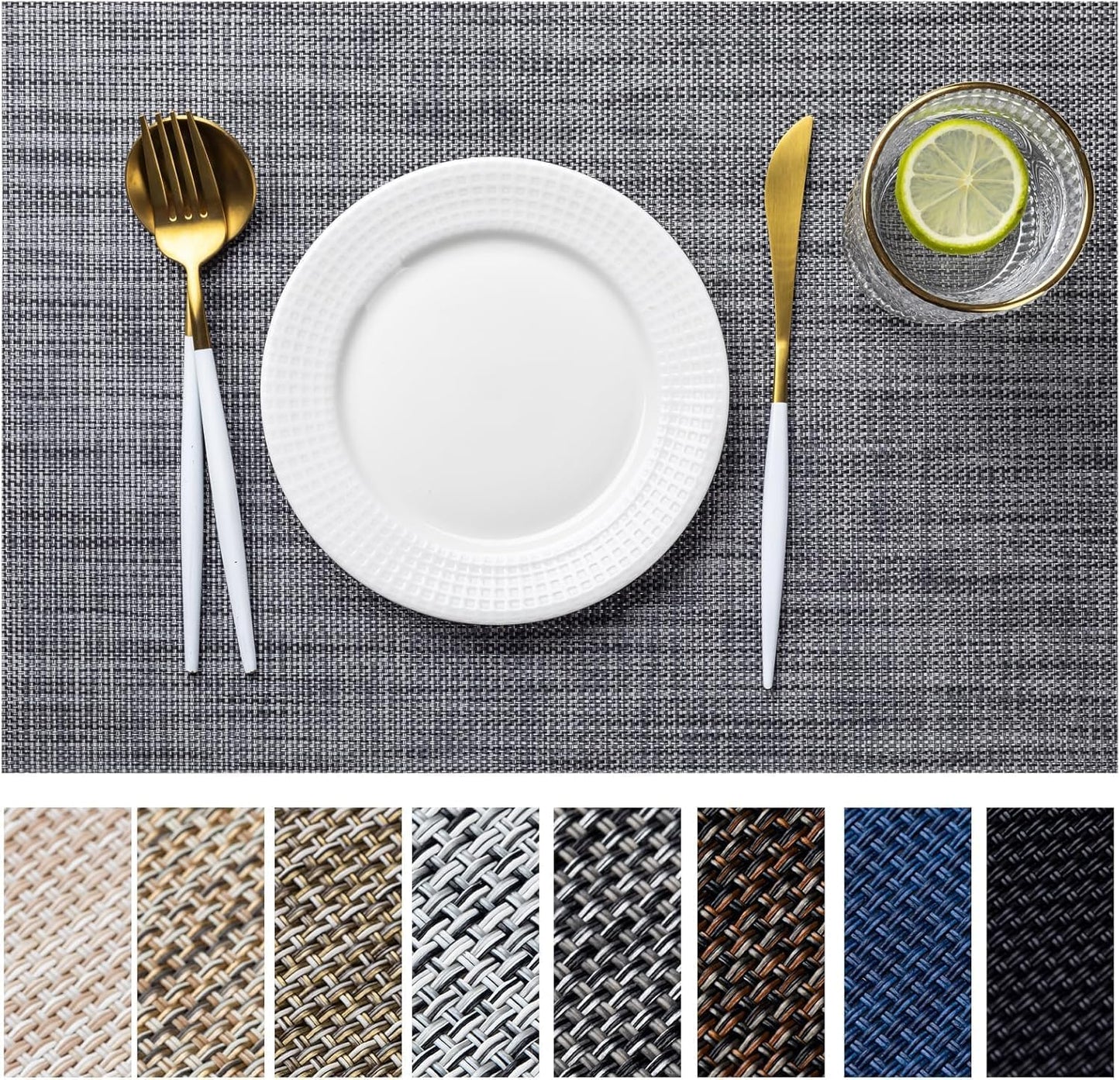 LEXMORE Placemats Set of 8 Vinyl/Plastic Woven Place Mats for Kitchen Table Indoor/Outdoor Washable Placemat Wipeable Dining Table Mats(A-Dark Gray)
