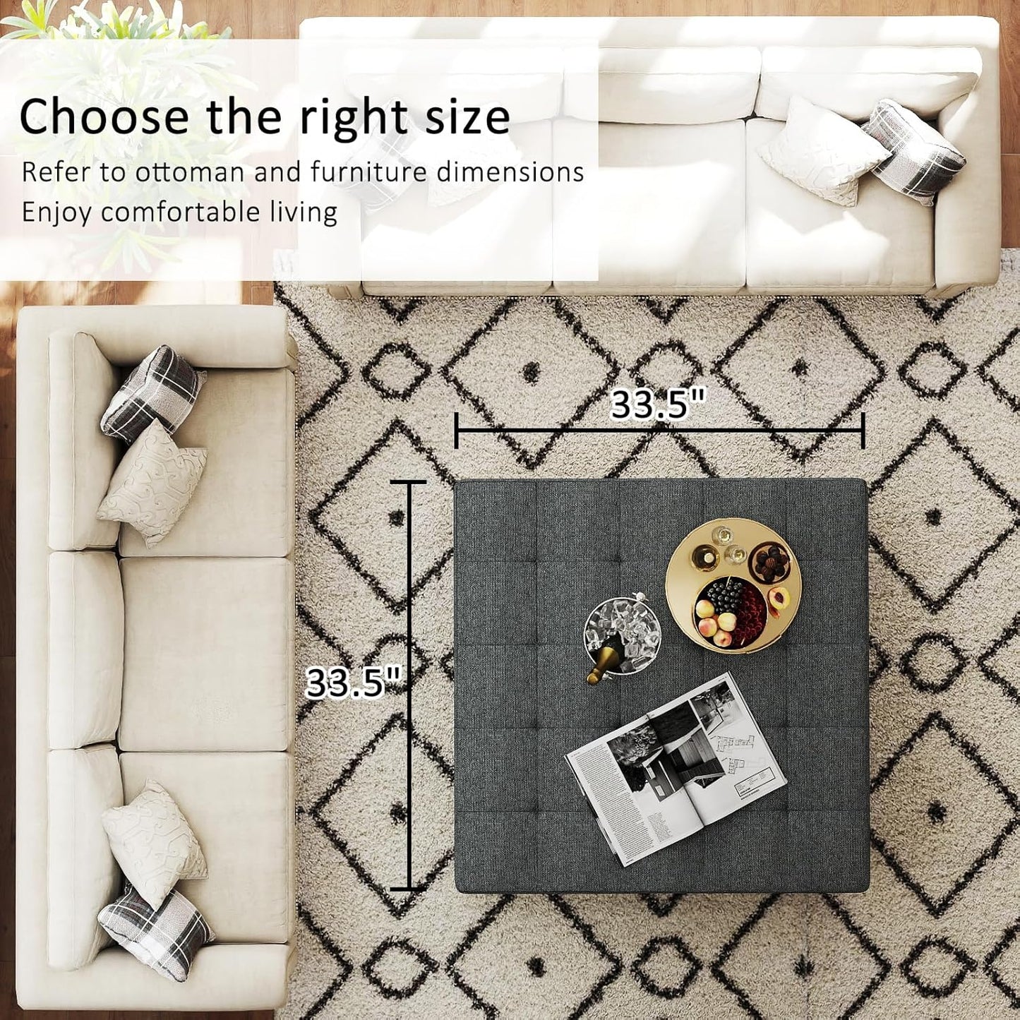 Large Square Ottoman Coffee Table, Linen Solid Upholstered Footrest Ottoman with Solid Wood Shelf Storage Tufted Coffee Table for Bedroom Living Room, Dark Gray