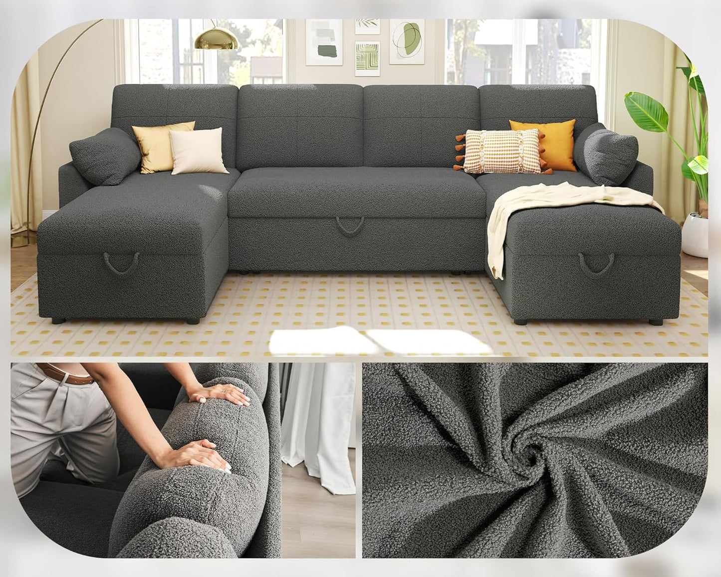VanAcc Sleeper Sofa, 110 inch Oversize - 2 in 1 Pull Out Bed, Sectional Sleeper Sofa with Double Storage Chaise for Living Room, Grey Boucle Couch