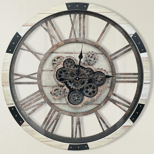 DORBOKER 24" Large Wall Clock with Moving Gears,Oversize Vintage Industrial Rustic Farmhouse Clocks for Living Room Decor Office Home,Solid Wood Retro Metal HD Tempered Glass Cover,Desert Beige