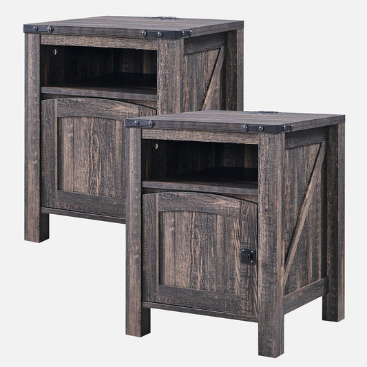 OKD Nightstand with Charging Station Set of 2, 18 Inchs Farmhouse End Table with Adjustable Storage Shelf, Rustic Wood Sofa Side Table for Bedroom