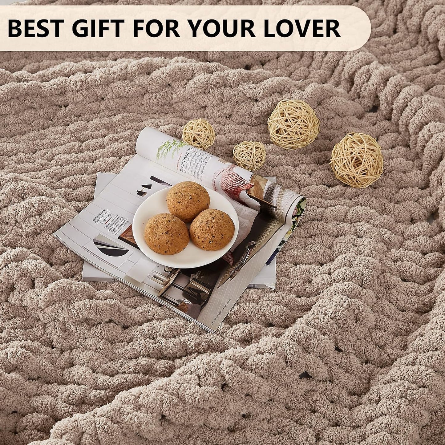L'AGRATY Chunky Knit Blanket Throw: 60''x80'' Chenille Chunky Knitted Throw Blanket for Bed Couch - Handmade Thick Big Cable Knit Blanket - Large Crochet Rope Blanket for Home Decor(Light Taupe)