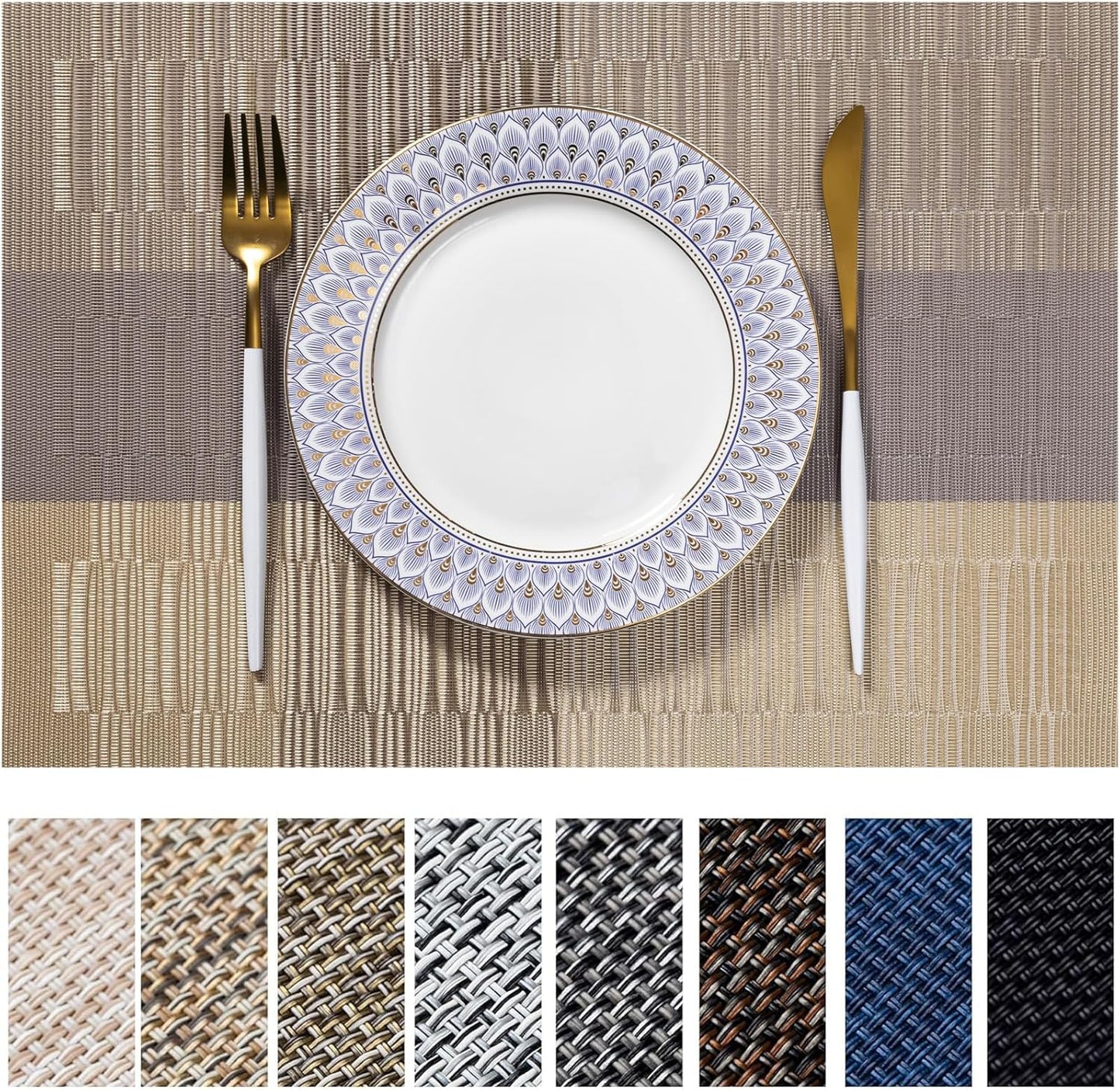 LEXMORE Placemats Set of 4 Vinyl/Plastic Woven Place Mats for Kitchen Table Indoor/Outdoor Washable Placemat Wipeable Dining Table Mats(Gold Dune)