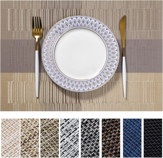 LEXMORE Placemats Set of 6 Vinyl/Plastic Woven Place Mats for Kitchen Table Indoor/Outdoor Washable Placemat Wipeable Dining Table Mats(Gold Dune)