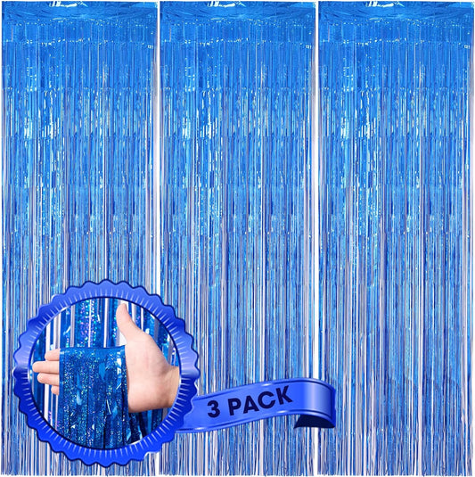 3 Pack 3.3 x 8.2 ft Laser Blue Foil Fringe Backdrop Curtains, Tinsel Streamers Birthday Party Decorations, Fringe Backdrop for Graduation, Baby Shower, Gender Reveal, Disco Party