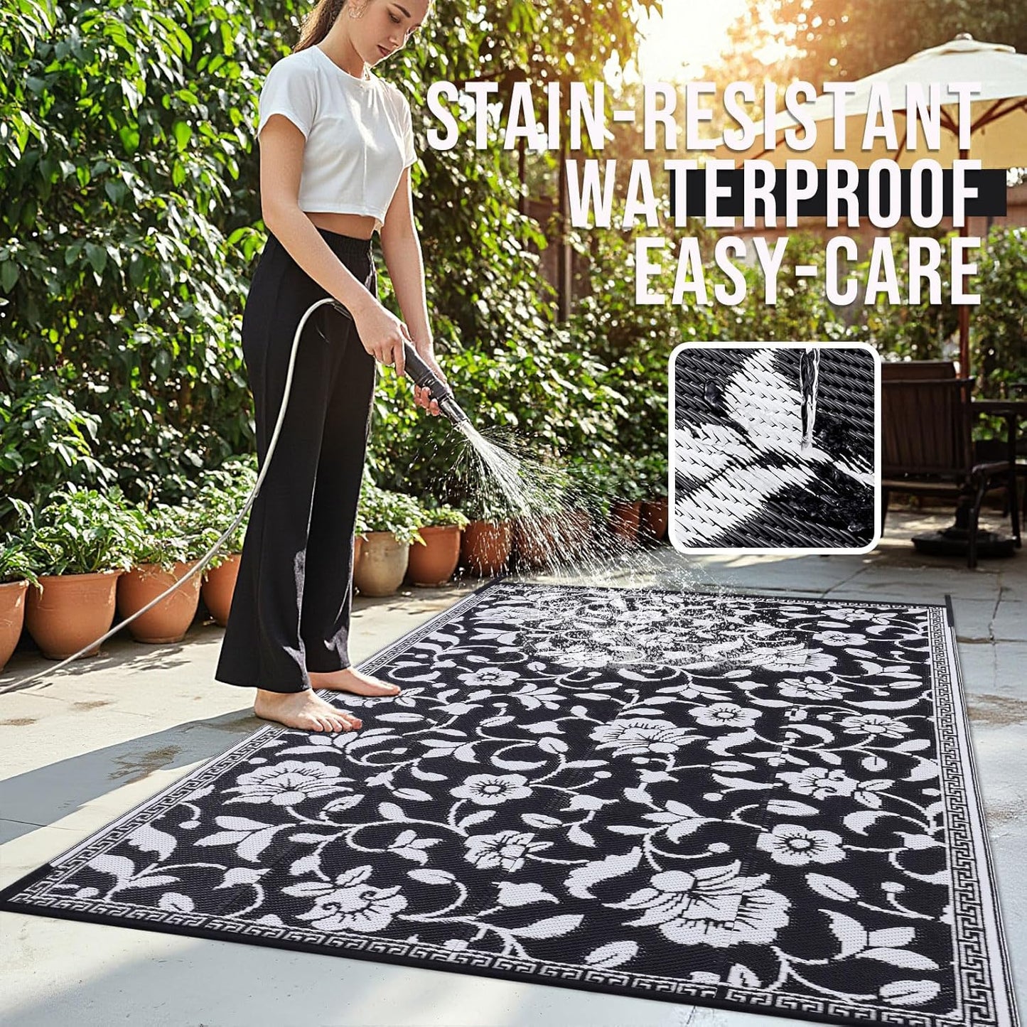 OLANLY Waterproof Outdoor Rug 8x10 ft, Outdoor Plastic Straw Rug with Flower Pattern, Reversible RV Mat for Patio, Camping, Balcony, Deck, Backyard, Black & White