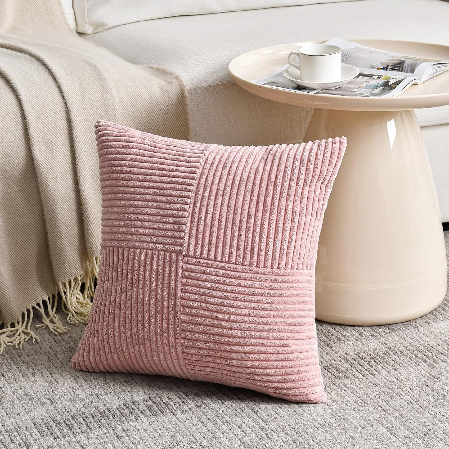 Fancy Homi 2 Packs Blush Pink Decorative Throw Pillow Covers 18x18 Inch for Living Room Couch Bed, Rustic Farmhouse Boho Home Decor, Soft Corss Corduroy Patchwork Textured Square Cushion Case 45x45 cm