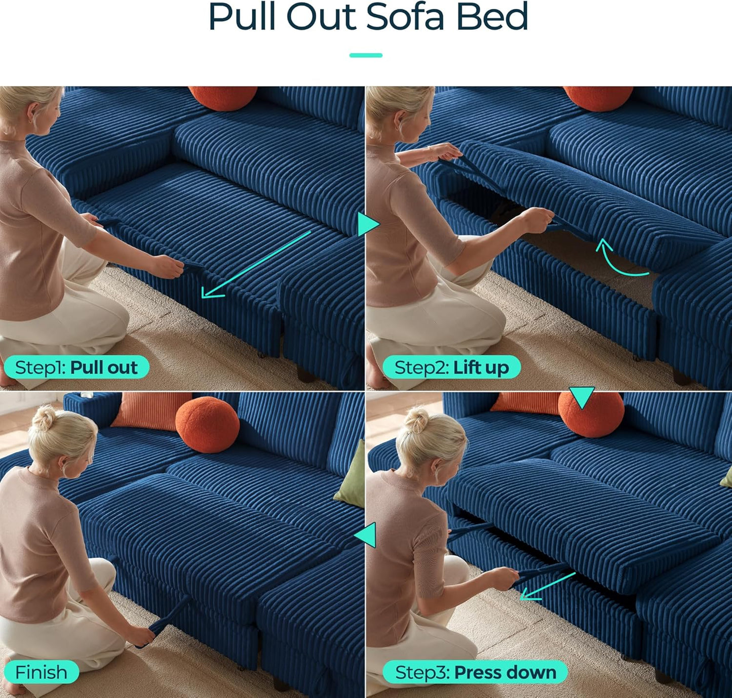 LINSY HOME Sectional Sleeper Sofa with Pull Out Couch Bed - Convertible Plush Corduroy Cloud Couch with Storage Chaise & USB Charging, Comfy U Shaped Modular Couches for Living Room, Blue