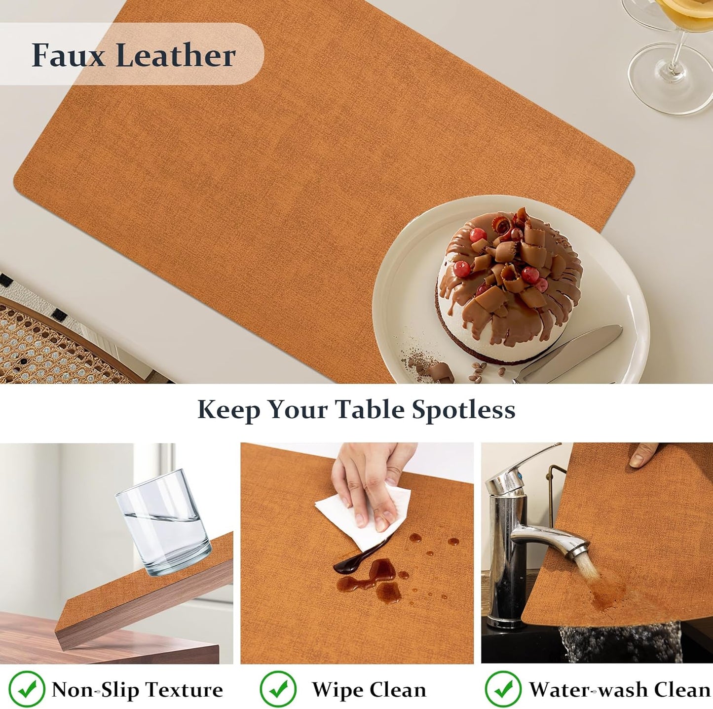 FROMHEART Faux Leather Placemats Set of 6–Waterproof,Heat/Oil Stain-Resistant PU Table Mat–Reversible,Non-Slip,Easy to Clean Place Mats for Kitchen,Dining,Indoor/Outdoor,(Orange-Grey,11.8" x 17")