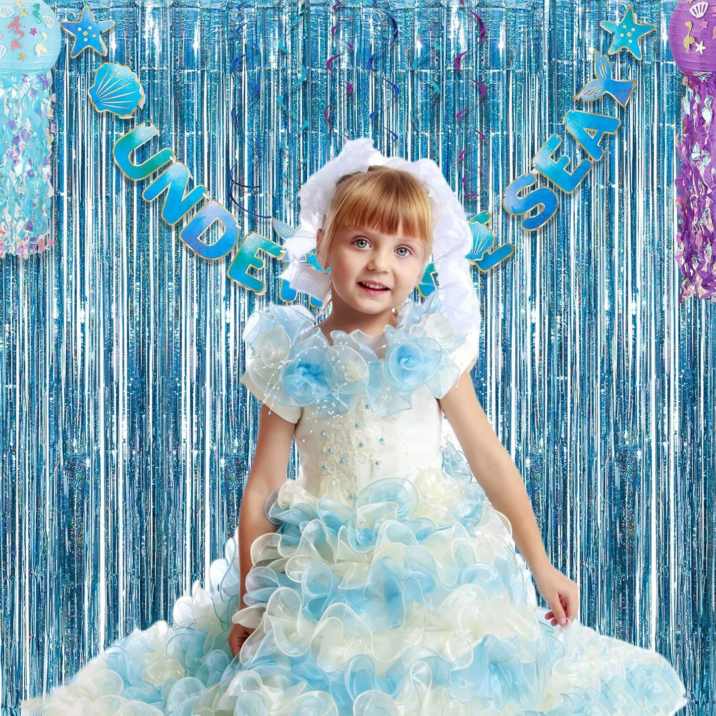 Blue Tinsel Curtain Party Backdrop - GREATRIL Foil Curtain Party Photo Streamers Backdrop for Frozen/Mermaid/Under Sea/Baby Party Decorations - Pack of 2