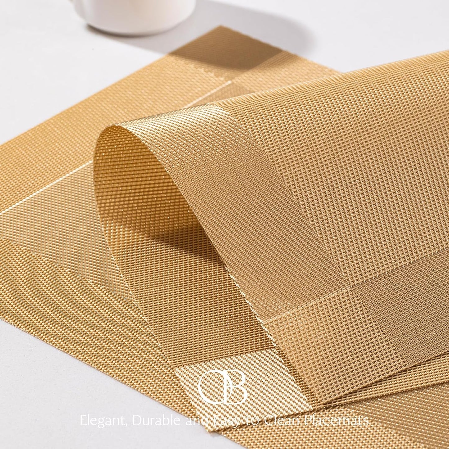 Placemats Set of 12 - Easy Clean Woven Vinyl Placemats for Dining Table, Indoor/Outdoor Place Mats, Washable PVC Table Mats（Gold Cube）