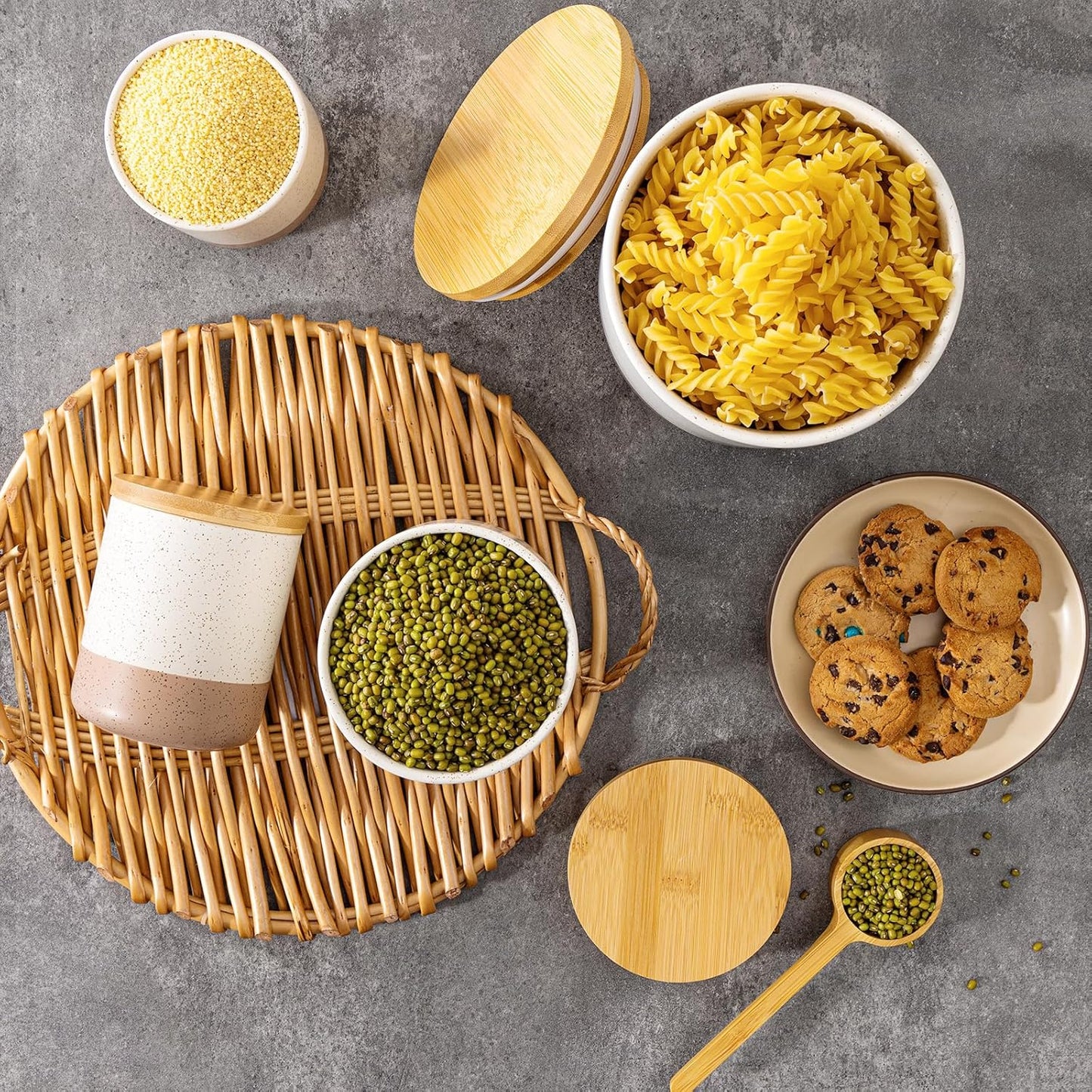 Yangbaga Canister Sets for Kitchen Counter, 20 OZ Large Ceramic Food Storage Jars with Airtight Wood Lids, Large Kitchen Canisters for Coffee, Sugar, Tea, Flour, Spice