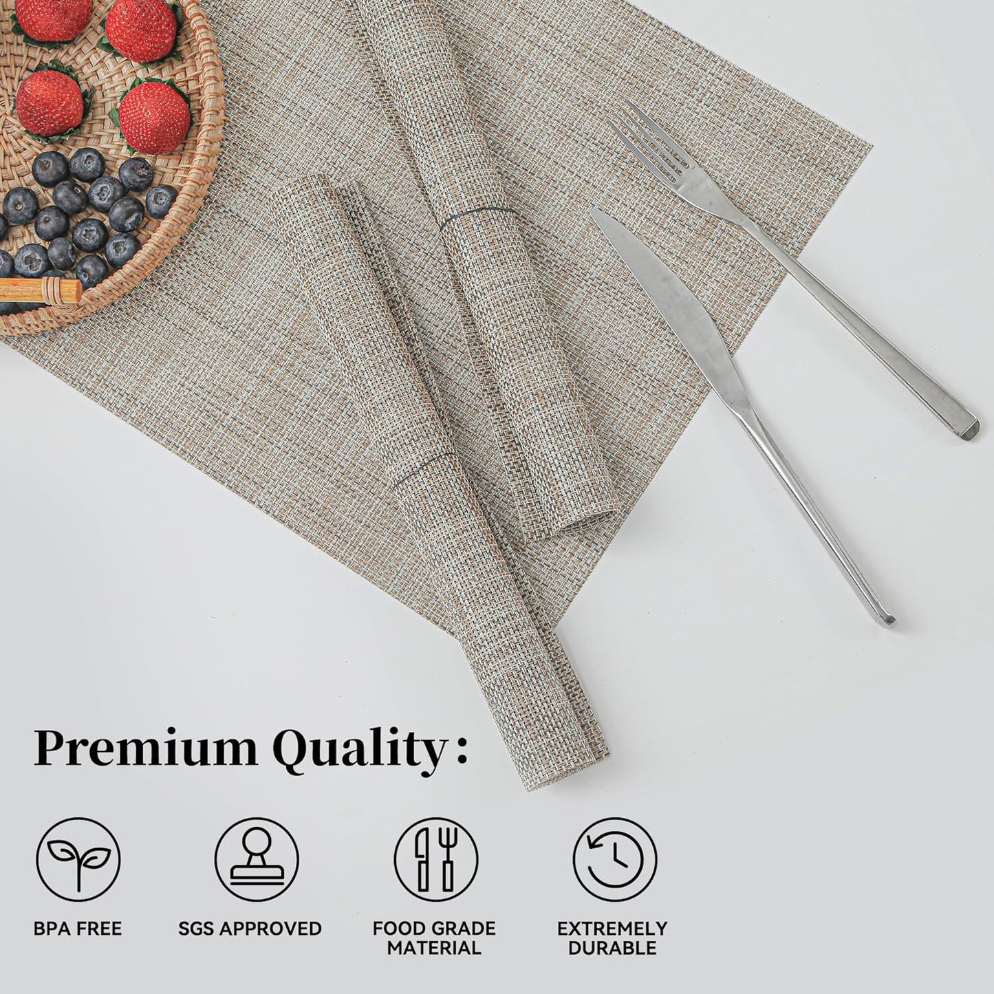 Leetaltree Linen Yellow Placemats Set of 8 - Heat Resistant Non-Slip Place mats for Dining Table, Washable Durable PVC Vinyl Woven Table Mats（Linen Yellow, 8）