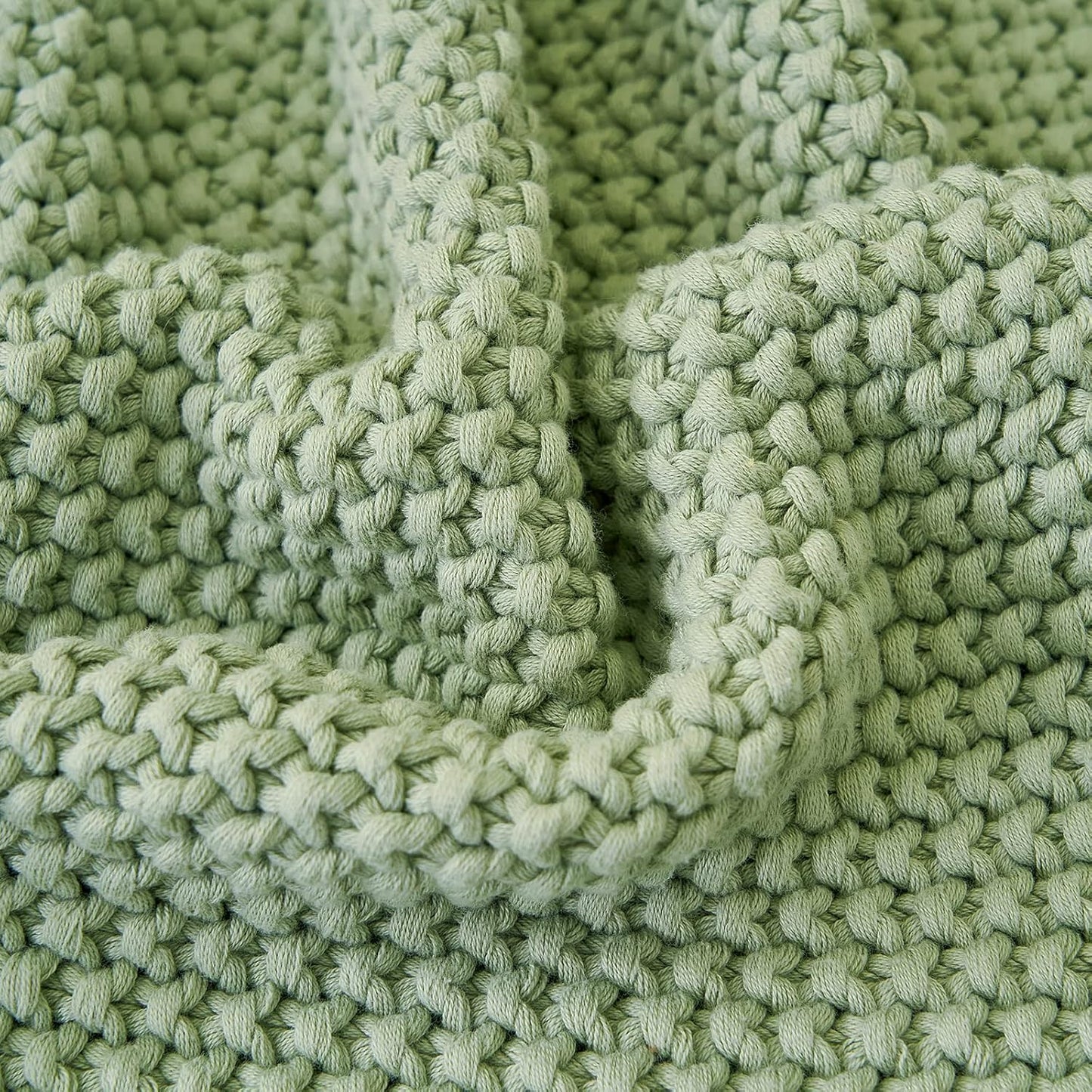 Chunky Cable Knit Throw Blanket Lightweight Light Green 100% Organic Cotton Blanket for Sofa Couch Bed Baby Nursery, Rustic Shabby Chic Modern Farmhouse, 51” x 63” Bonus Laundering Bag