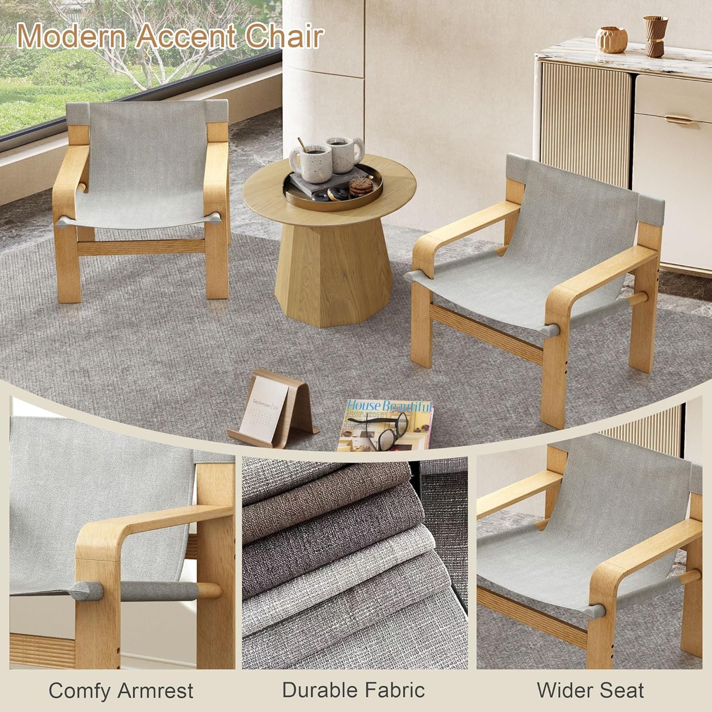 Mid-Century Accent Chair with Wide Armrest & Solid Wood Frame, Detachable and Washable Armchair, Modern Living Room Reading Chairs for Bedroom Sunroom Bedroom Balcony,White