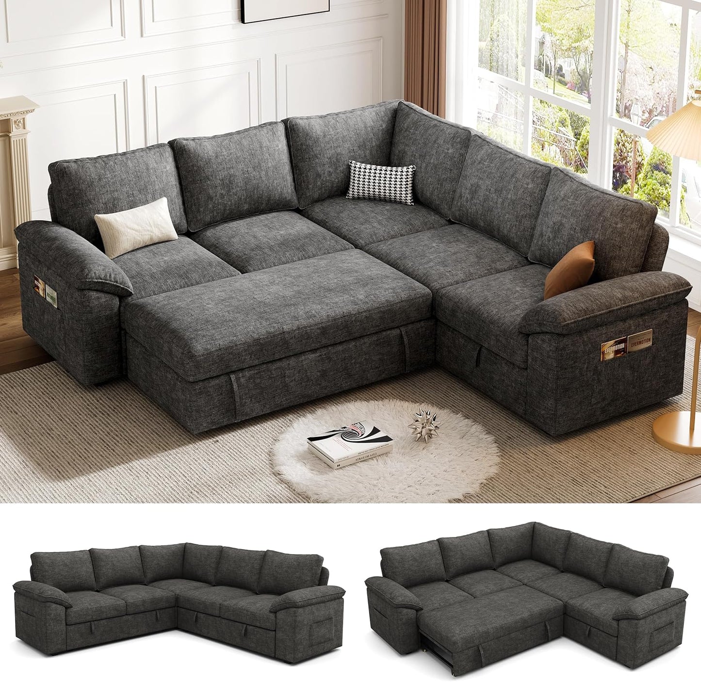 85 Inch Modular Sectional Sofa with Pull Out Bed,L Shaped 5 Seat Sectional Sleeper Sofa with Storage,Sectional Couches for Living Room,Cloud Modular Couch,Removable Sofa Cover,Dark Grey